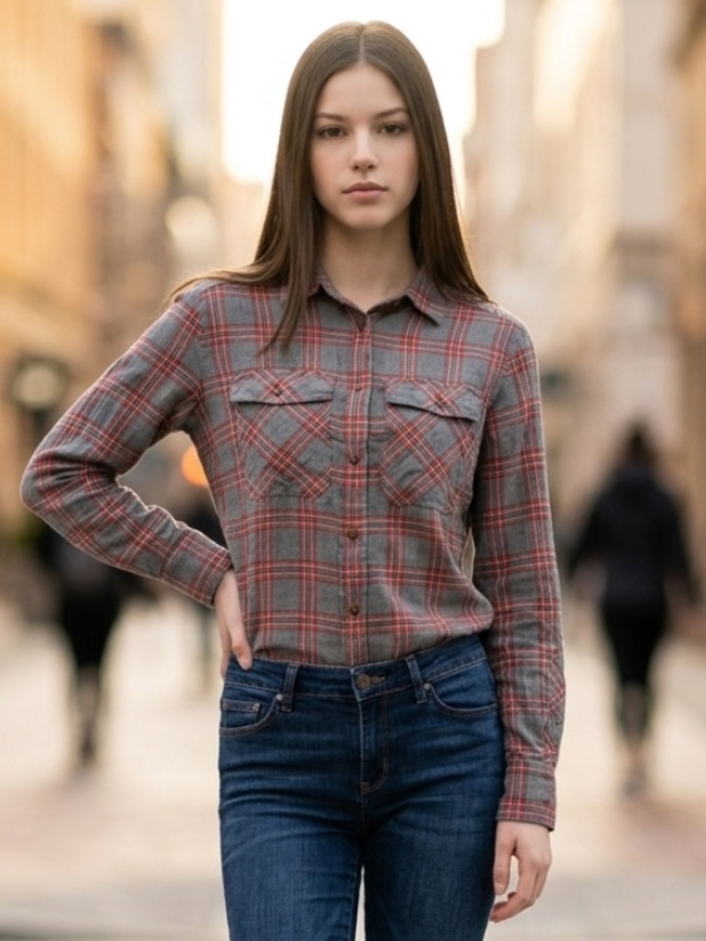 J CREW Top Gray Red Flannel Plaid Button Shirt Blouse